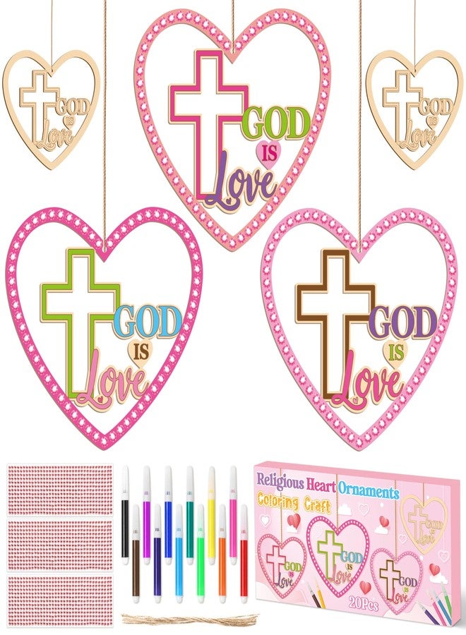 BeYumi Valentines Christian Heart Crafts - 20Pcs Valentine's Day DIY Wooden GOD is Love Ornaments Craft Kit for Kids Make Your Own Religious Cross Decor with Gem Stickers Church School Party Supplies - Image 1